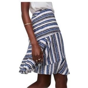 LOFT‎ Blue Striped Ruffle Hem Skirt Size 0 Mini White Black Gray Artsy Feminine